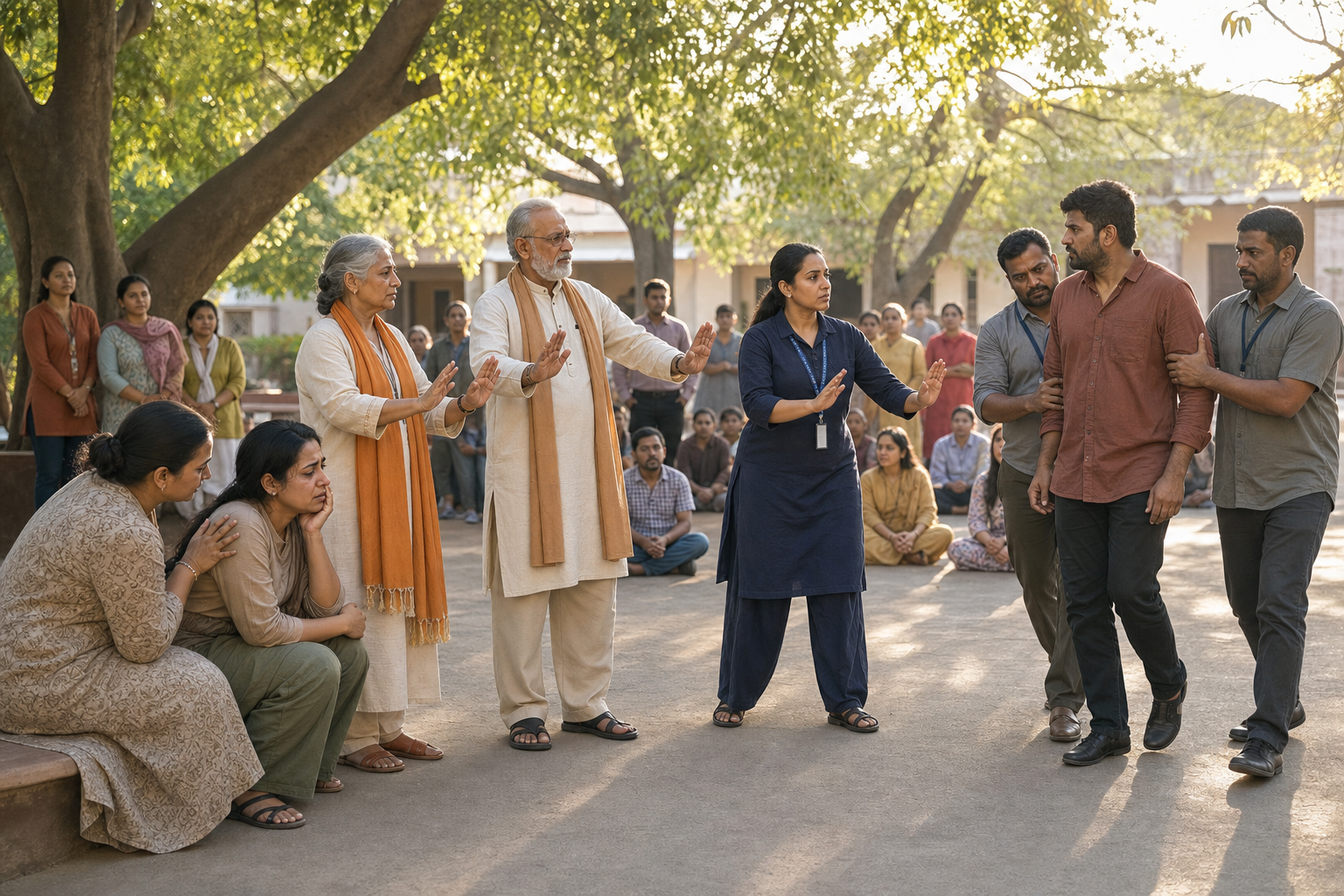 Women and men in community leadership calmly intervene in a tense courtyard situation while a woman volunteer supports a distressed attendee.