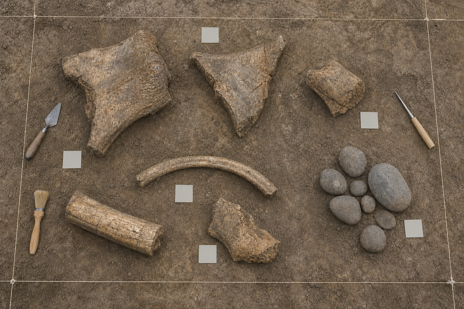 Overhead view of fractured mastodon bones, a tusk section, and rounded cobbles exposed within an excavation grid.