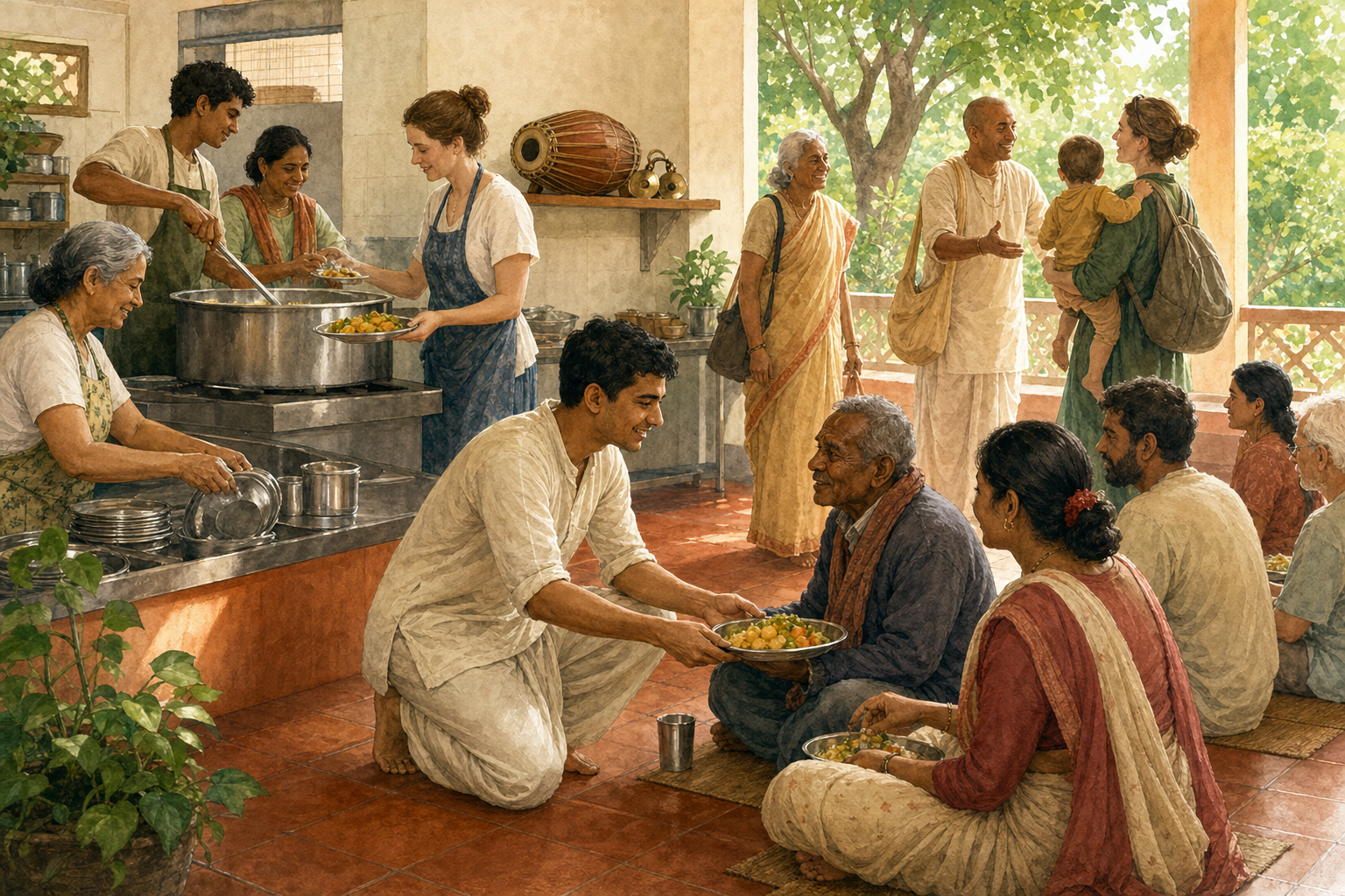 Volunteers cook, serve a shared meal, wash utensils, welcome a newcomer, and assist families and older guests in a temple community dining area.