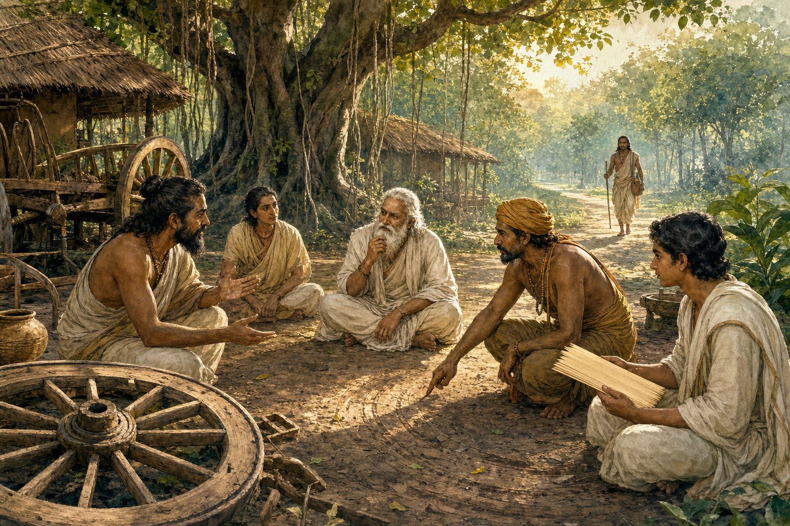 Travelers, a charioteer, an elder, and a scribe compare testimony and physical evidence in a forest hermitage.