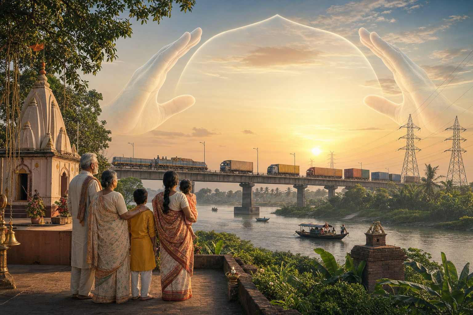 Editorial illustration of a Bangladeshi Hindu family near a temple courtyard, with a cross-border bridge, freight traffic, rail containers, and power lines in a river delta landscape.