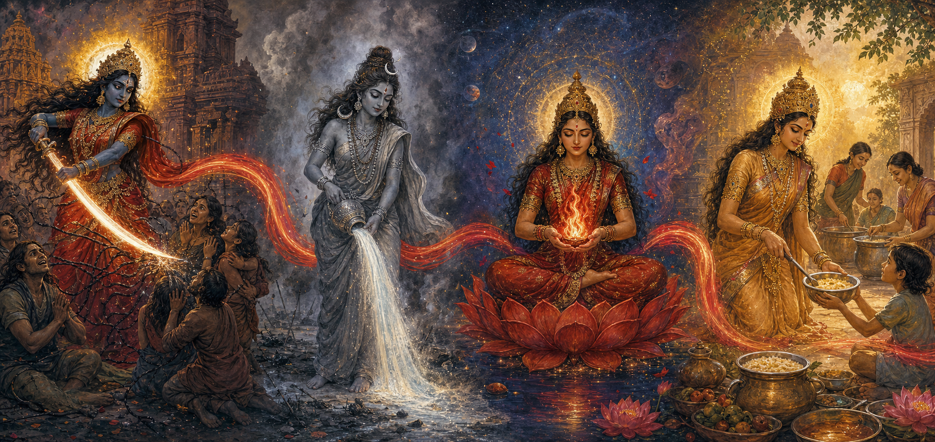 Four connected scenes show goddess figures cutting bonds, cleansing smoke, containing a flame in meditation, and serving food to a child.