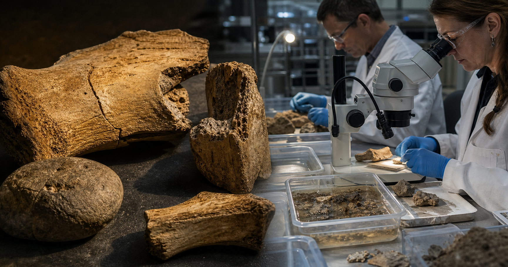 Bone fragments, a rounded cobble, sediment samples, and laboratory examination equipment arranged for forensic archaeological analysis.