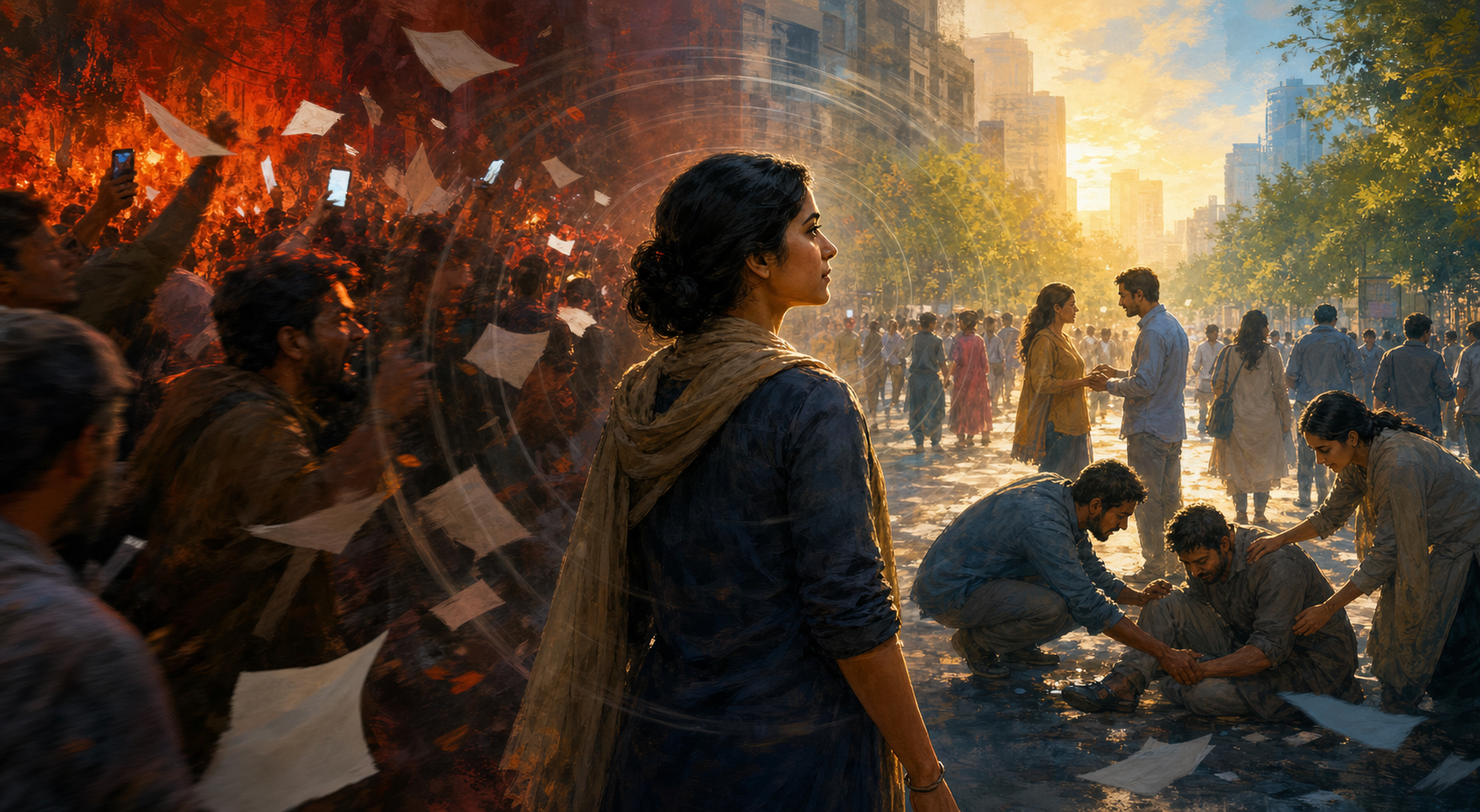 A calm person pauses between a turbulent city crowd and a sunlit street where people protect and help one another.