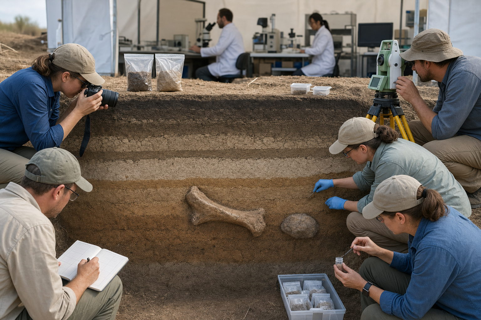 Researchers document an intact mastodon bone and cobble in layered sediment while collecting sealed samples for independent analysis.