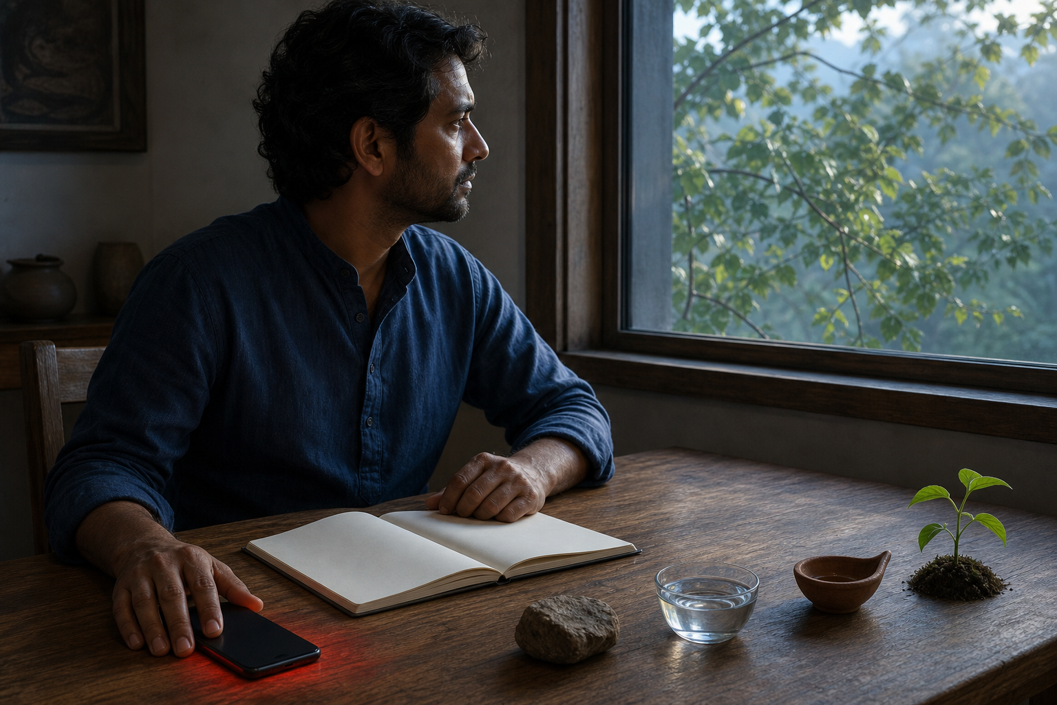 A seated person pauses beside a face-down phone, with a stone, water bowl, clay lamp and seedling arranged on the table.
