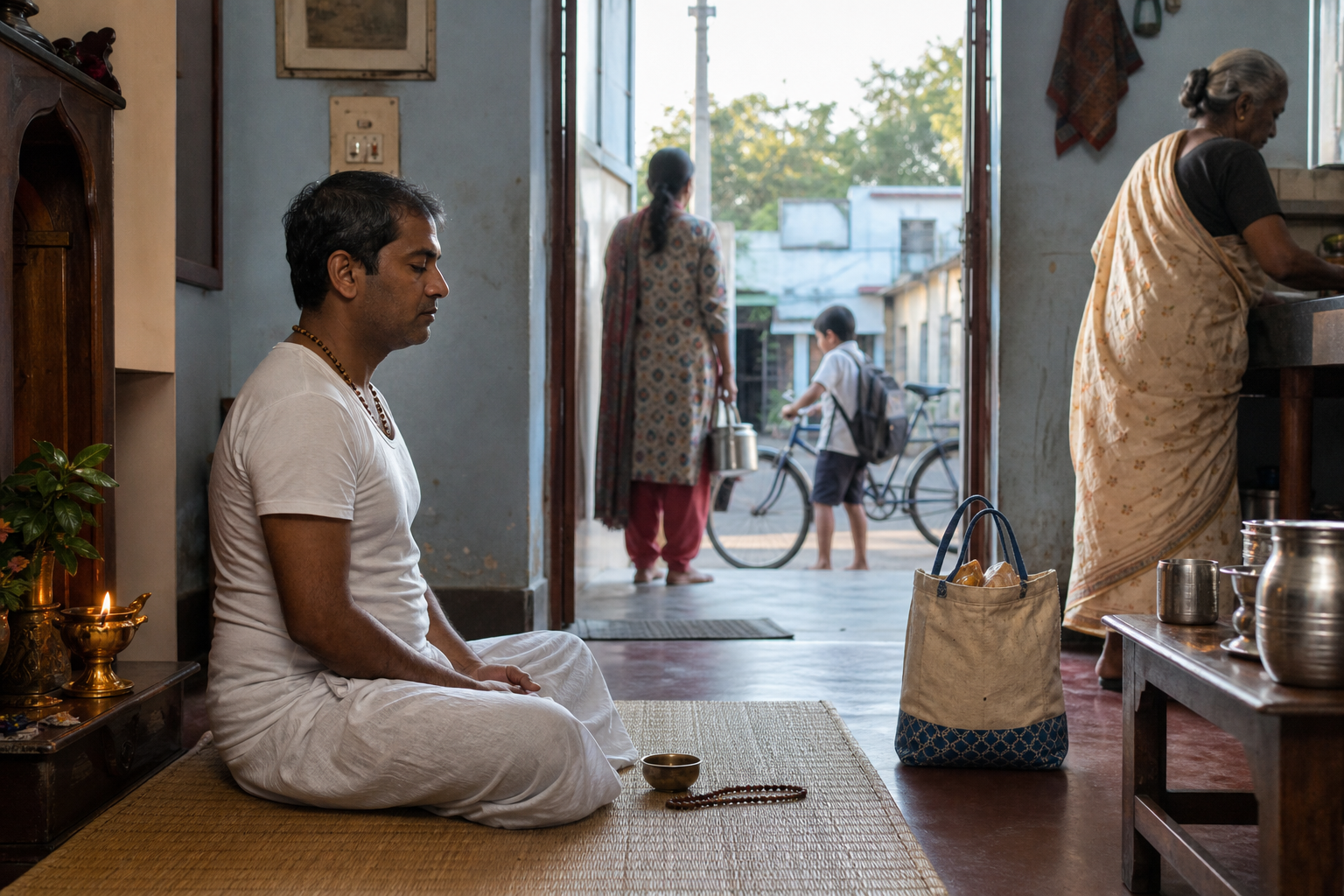 A devotee sits on a woven mat in a quiet home prayer space at dawn while the household wakes and a bag of food waits by the door for sharing.