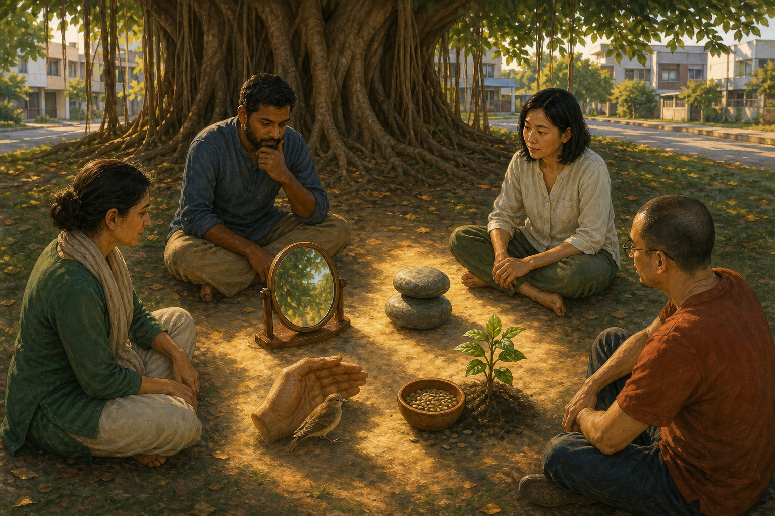 Four people reflect together beneath a banyan tree around a mirror, balanced stones, a sheltered bird and a young plant.