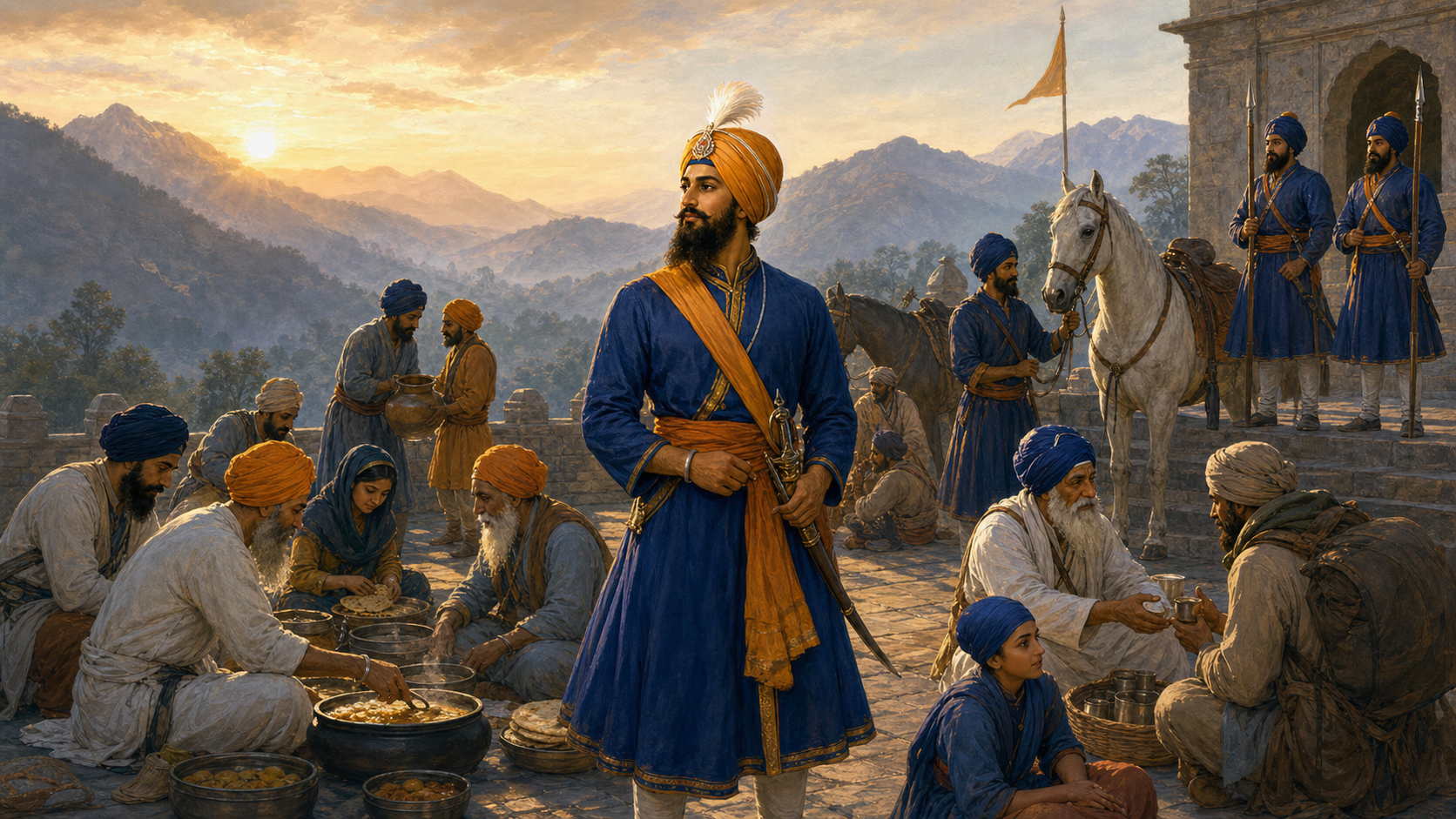 Historical editorial illustration of Guru Gobind Singh standing among Sikh volunteers, travelers, horses, and watchful Khalsa guardians in the hills near Anandpur at dawn.