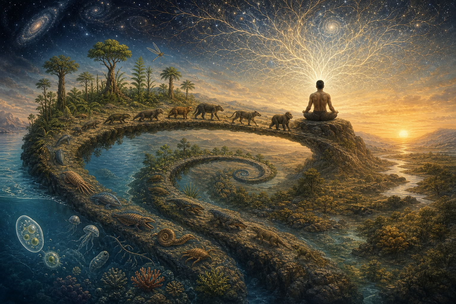A spiral sequence of evolving life forms leads to a meditating human whose luminous neural patterns echo roots, rivers, and stars at dawn.
