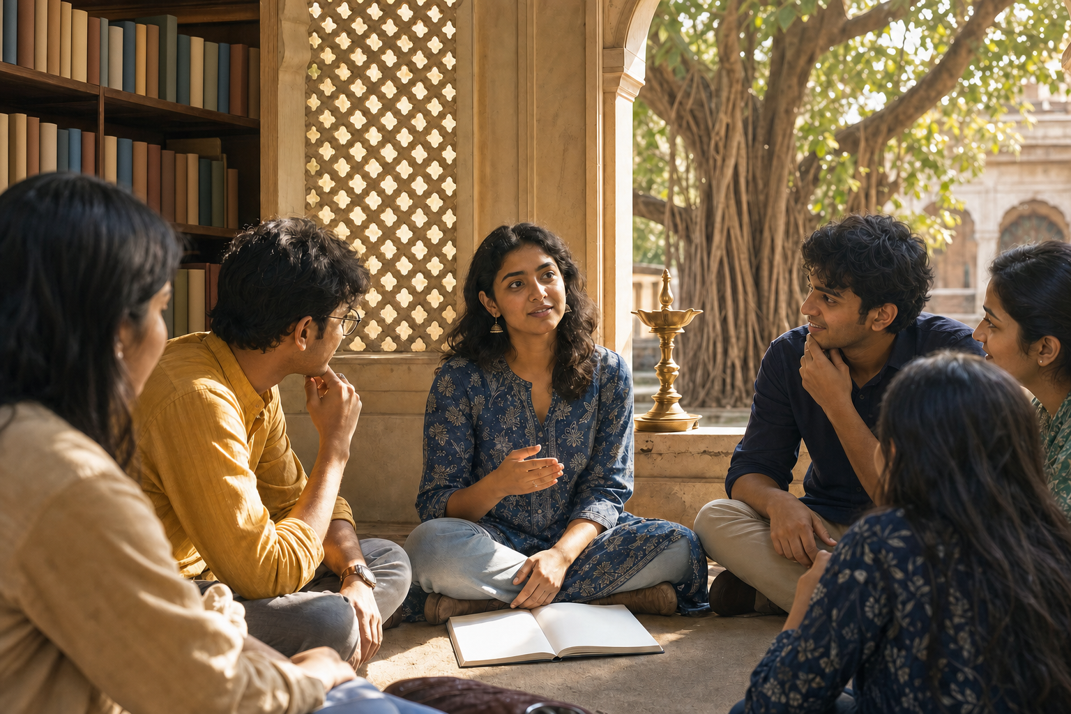 Hindu university students sit in a sunlit library courtyard while a young woman listens thoughtfully during a group discussion.