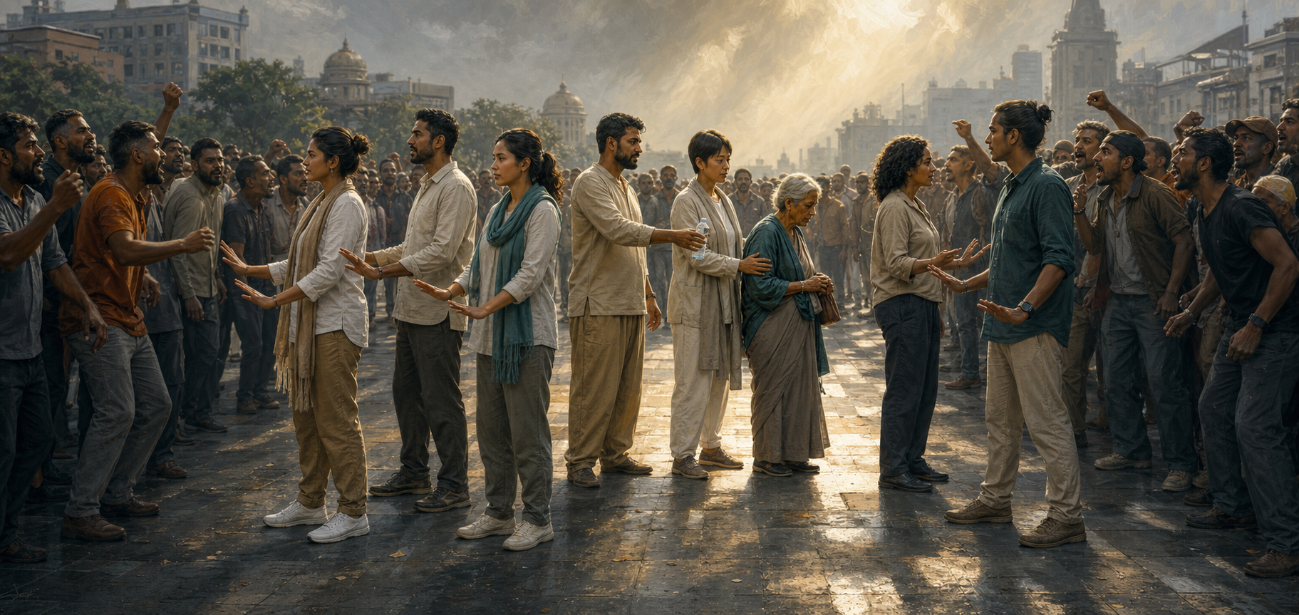Community volunteers calmly separate tense groups, offer water and guide a bystander to safety in a city square.