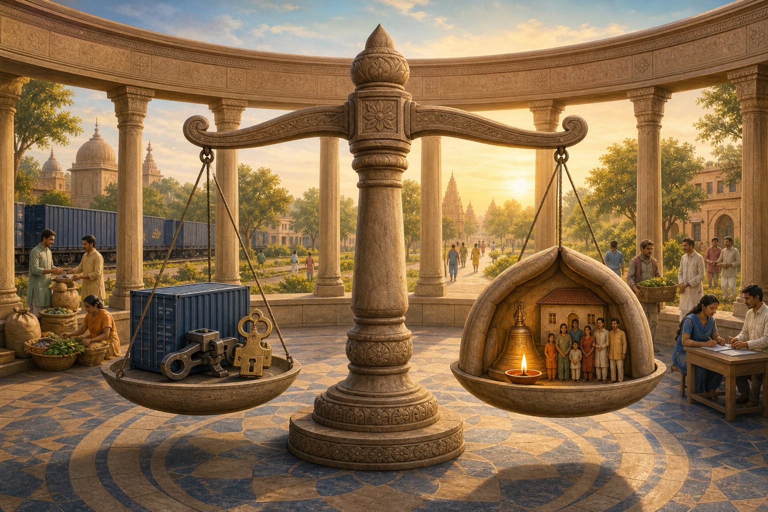 A balanced stone scale in a civic courtyard holds trade controls on one side and symbols of civilian life and Hindu worship on the other.