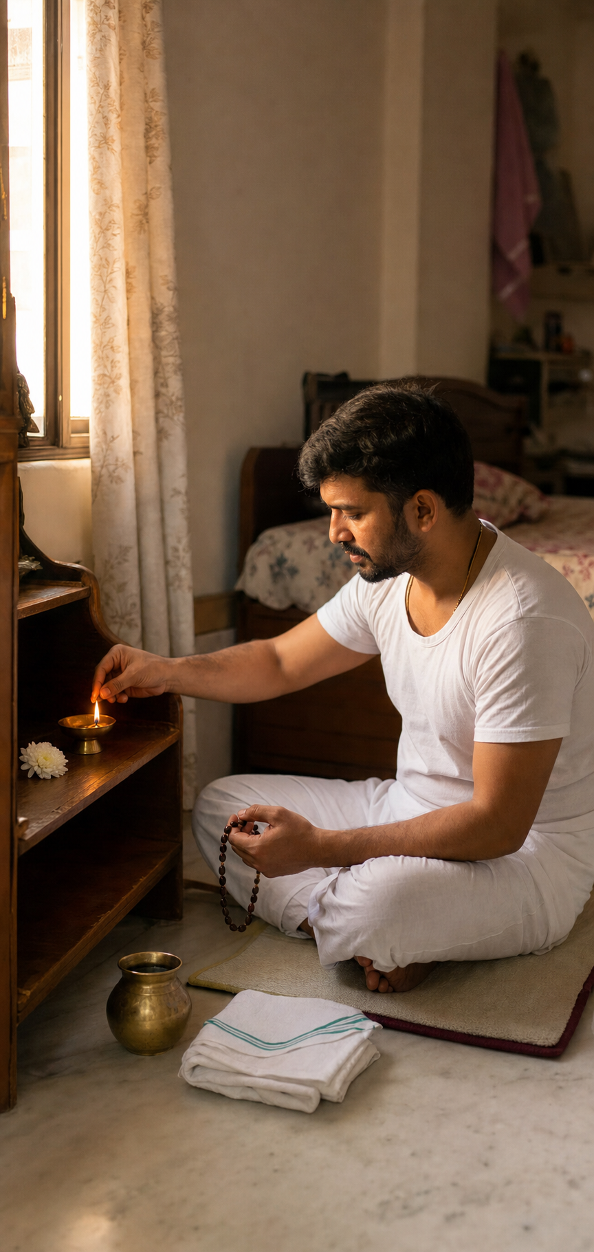 A person in a small apartment lights a brass oil lamp beside prayer beads, a water vessel, and a single flower in the morning light.