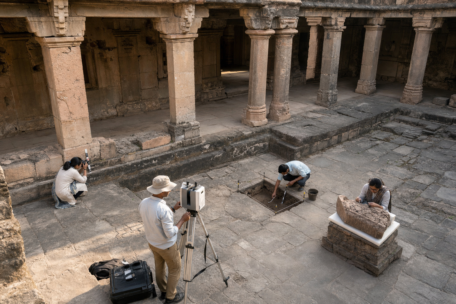 Survey team documents pillars, masonry joints, floor levels, and carved fragments with scanning and photographic equipment in a stone courtyard.