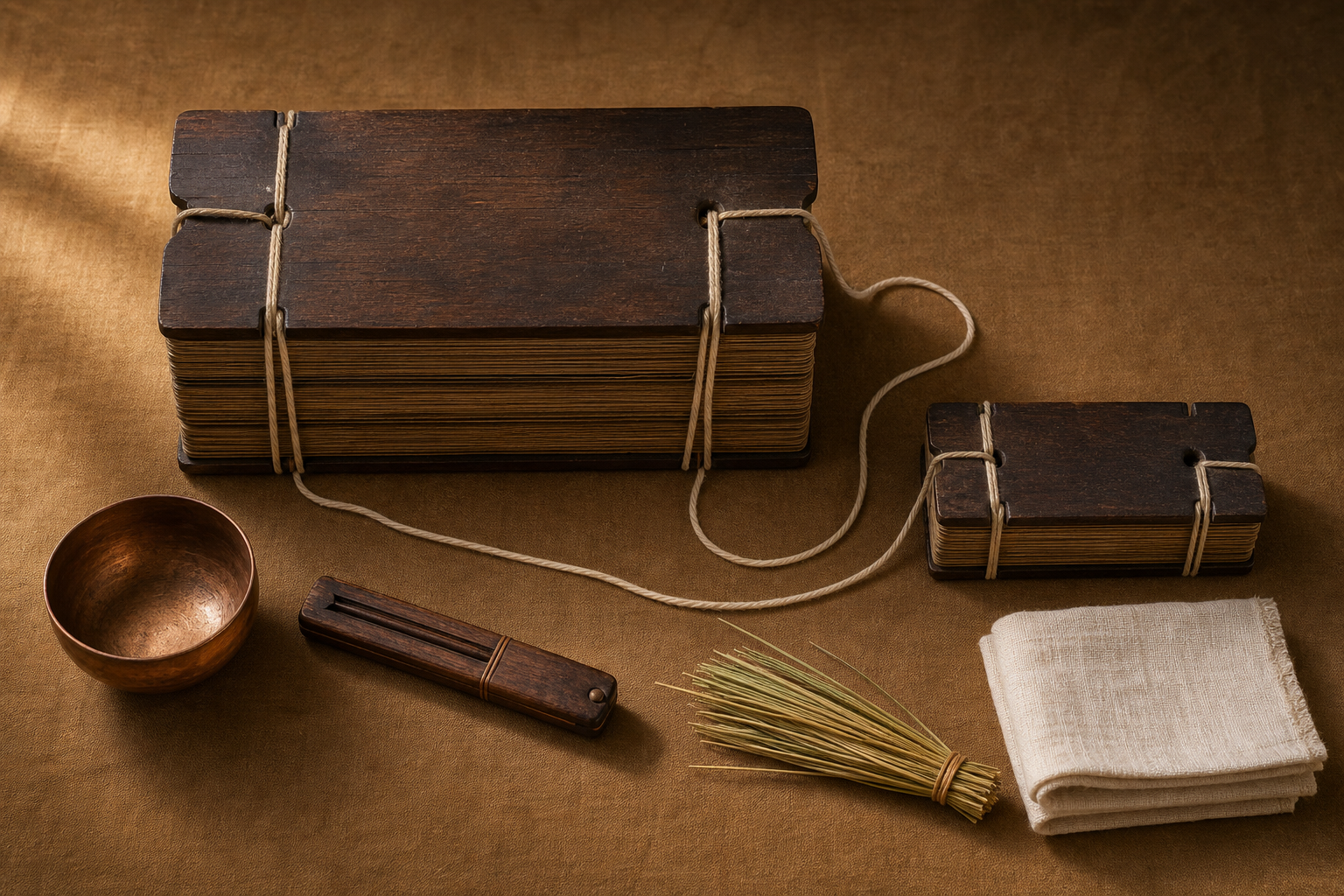 A large group of closed palm-leaf manuscript bundles sits beside a smaller connected companion bundle on a wooden surface with traditional study objects.