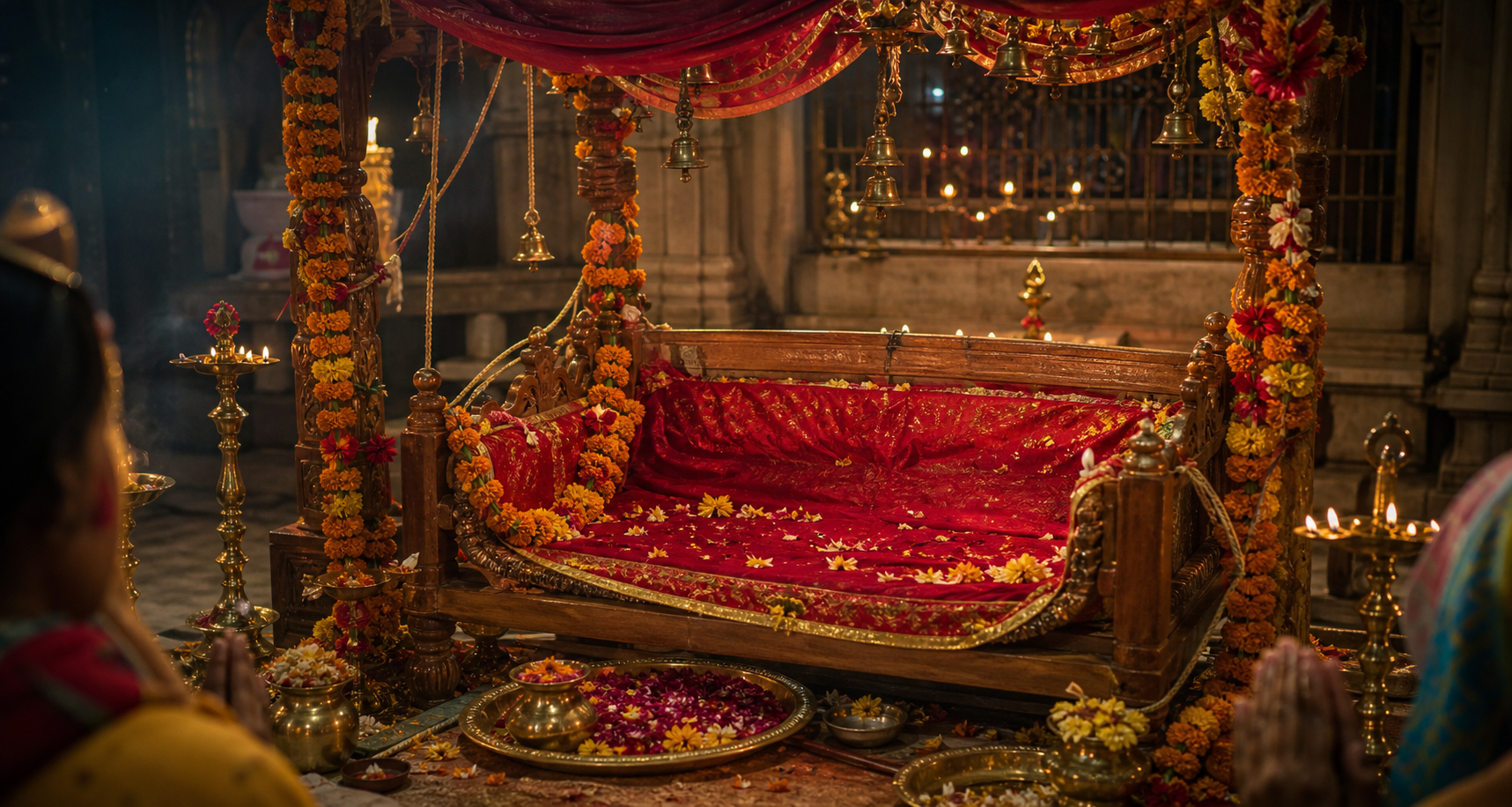 A red-draped ceremonial cradle decorated with flowers and bells stands at the center of a warmly lit temple worship space.