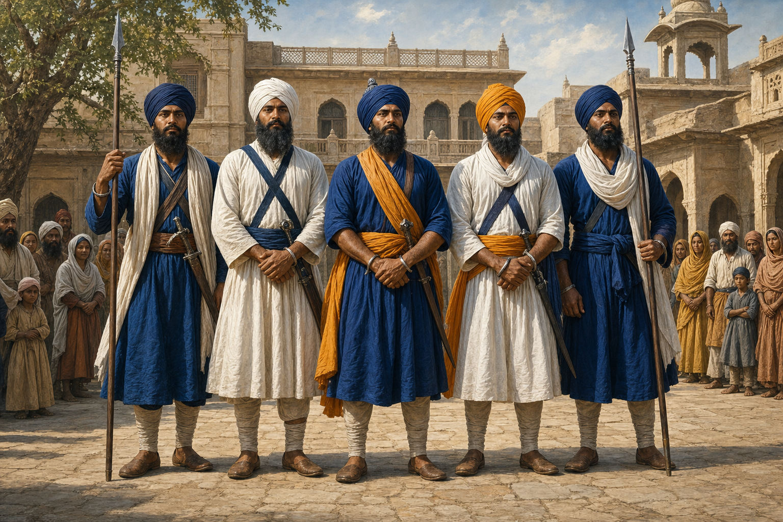 Five Khalsa volunteers stand shoulder to shoulder with sheathed weapons in a public courtyard as townspeople look on.