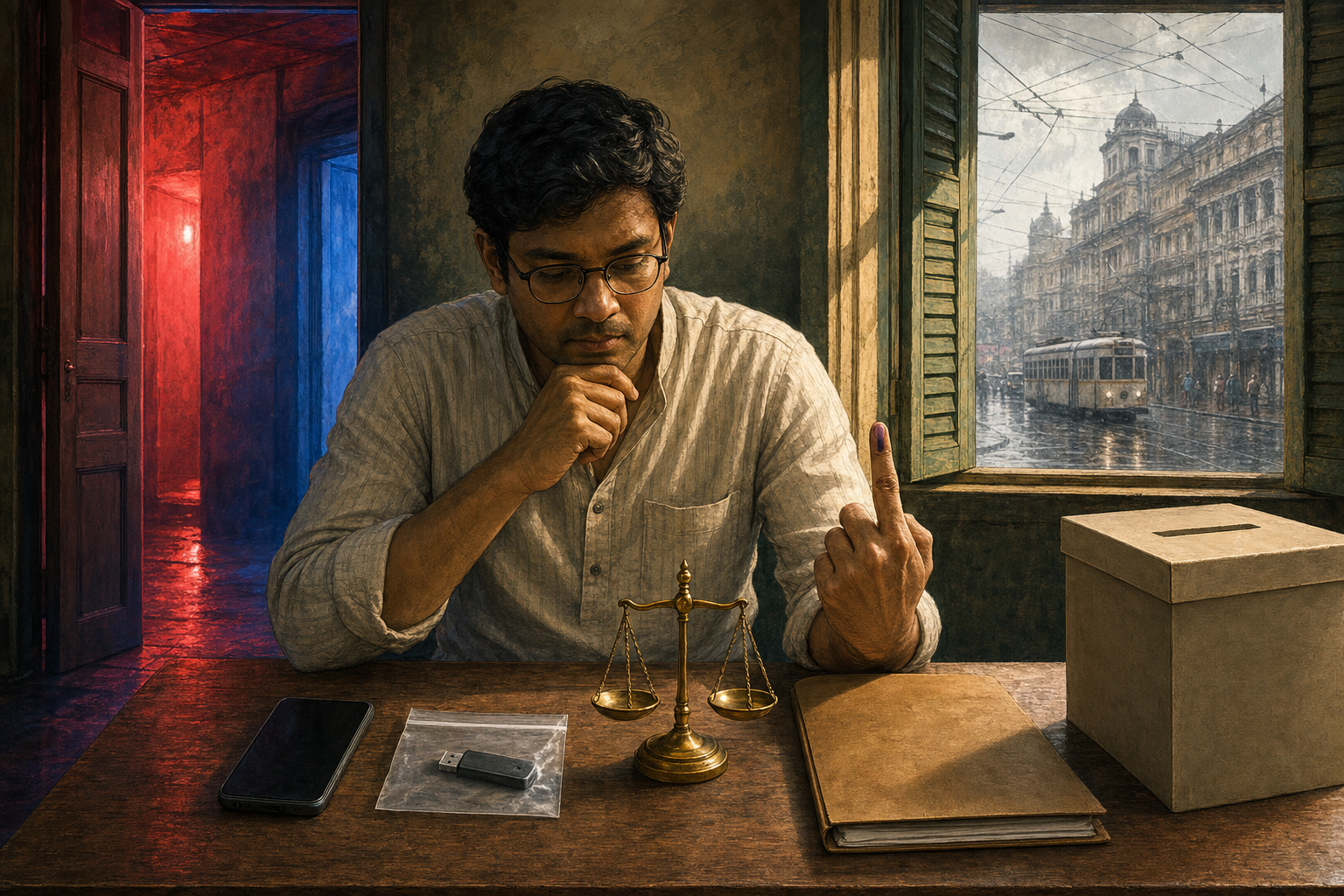 An anonymous Bengal voter examines a phone, sealed digital evidence, and an unmarked legal file beside a balance scale, with a ballot box and Kolkata streetscape nearby.