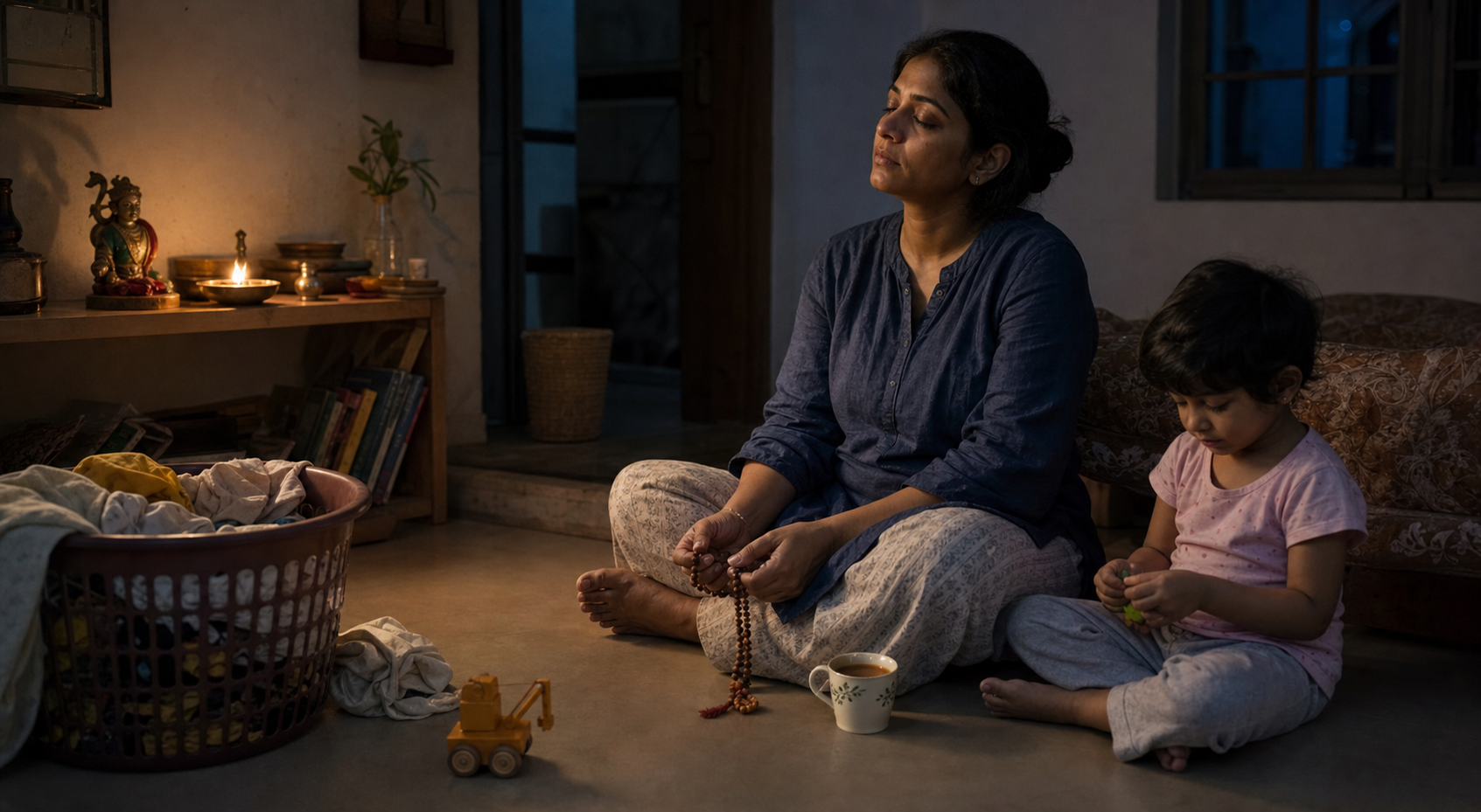 A tired parent pauses with prayer beads beside a small oil lamp while a child sits nearby among ordinary household items.