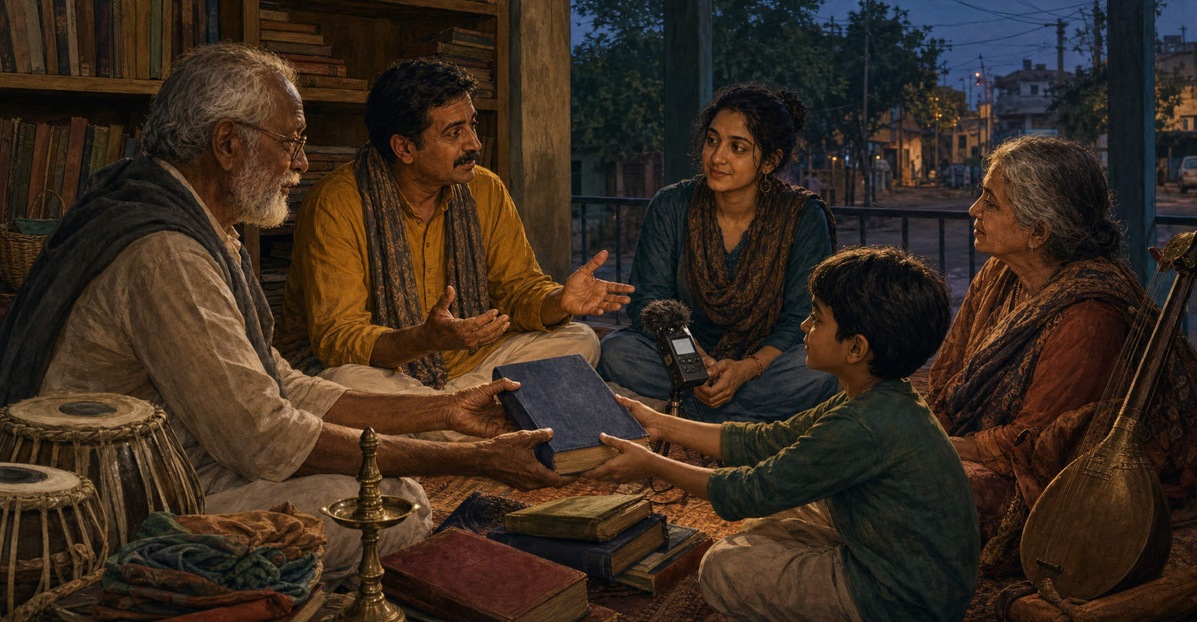 An intergenerational South Asian community sits in a veranda reading circle as an elder passes a clothbound book toward a child.