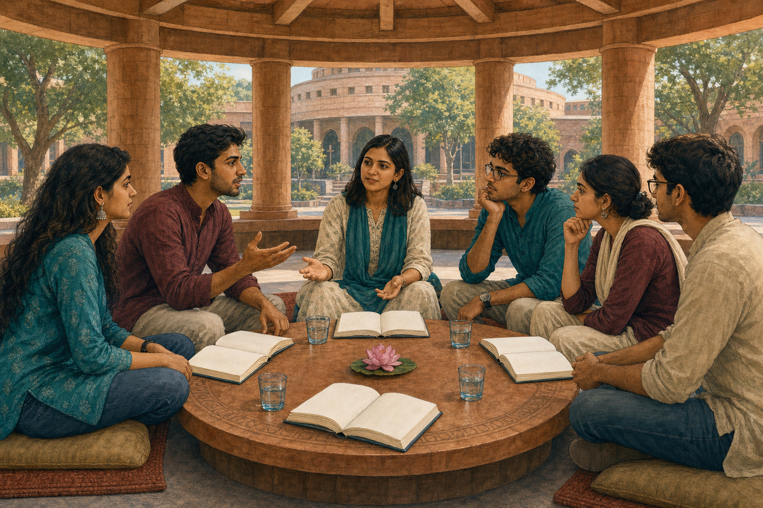 University students hold a calm, face-to-face discussion around a circular table in a shaded pavilion.