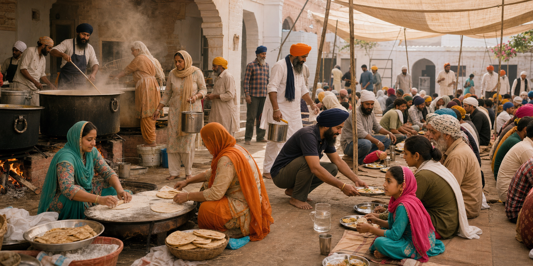 Volunteers prepare and serve a langar meal to children, elders, workers, and travelers seated together in a courtyard.