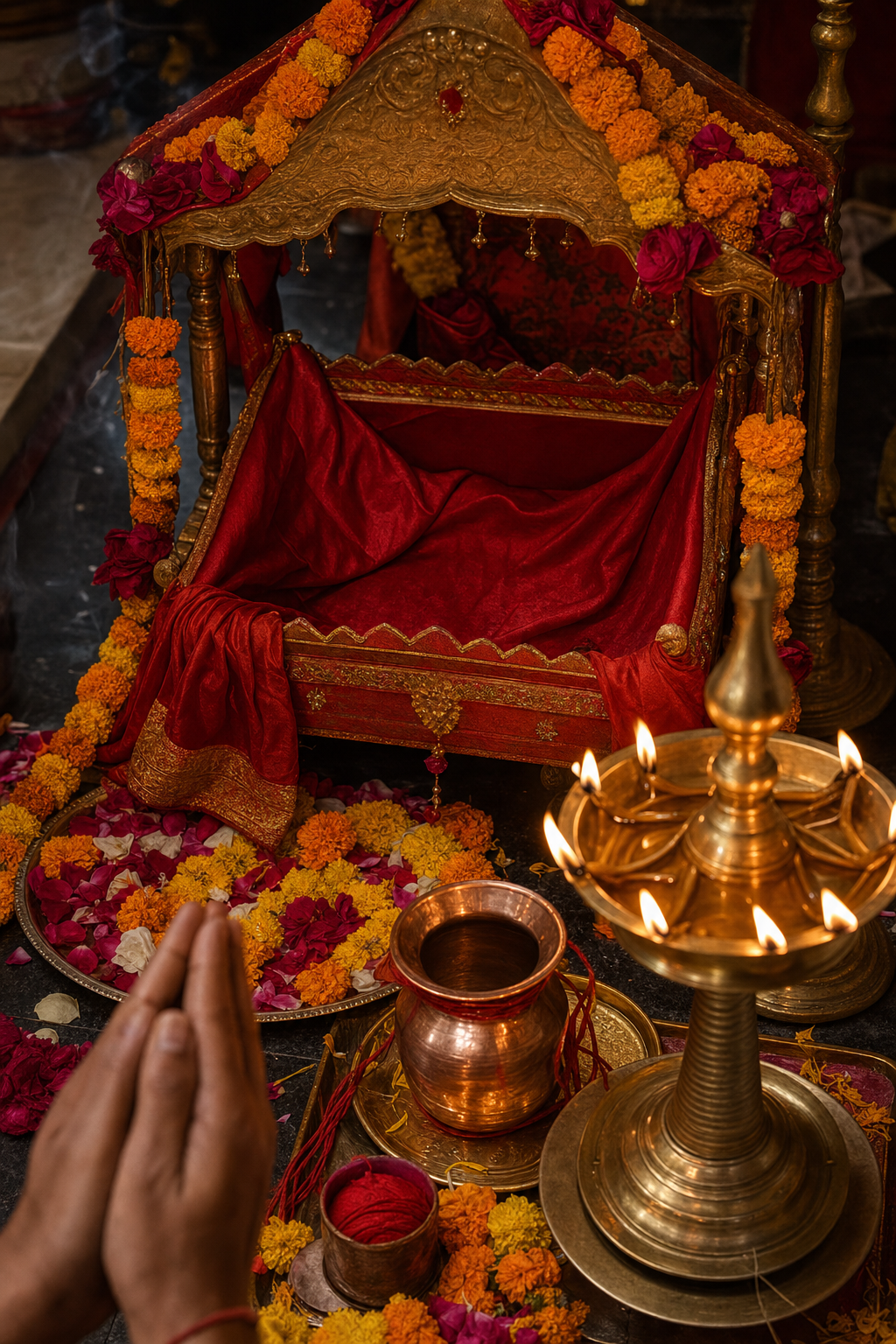 Folded hands face an empty red-draped sacred cradle surrounded by flowers, a brass lamp, and ritual vessels.