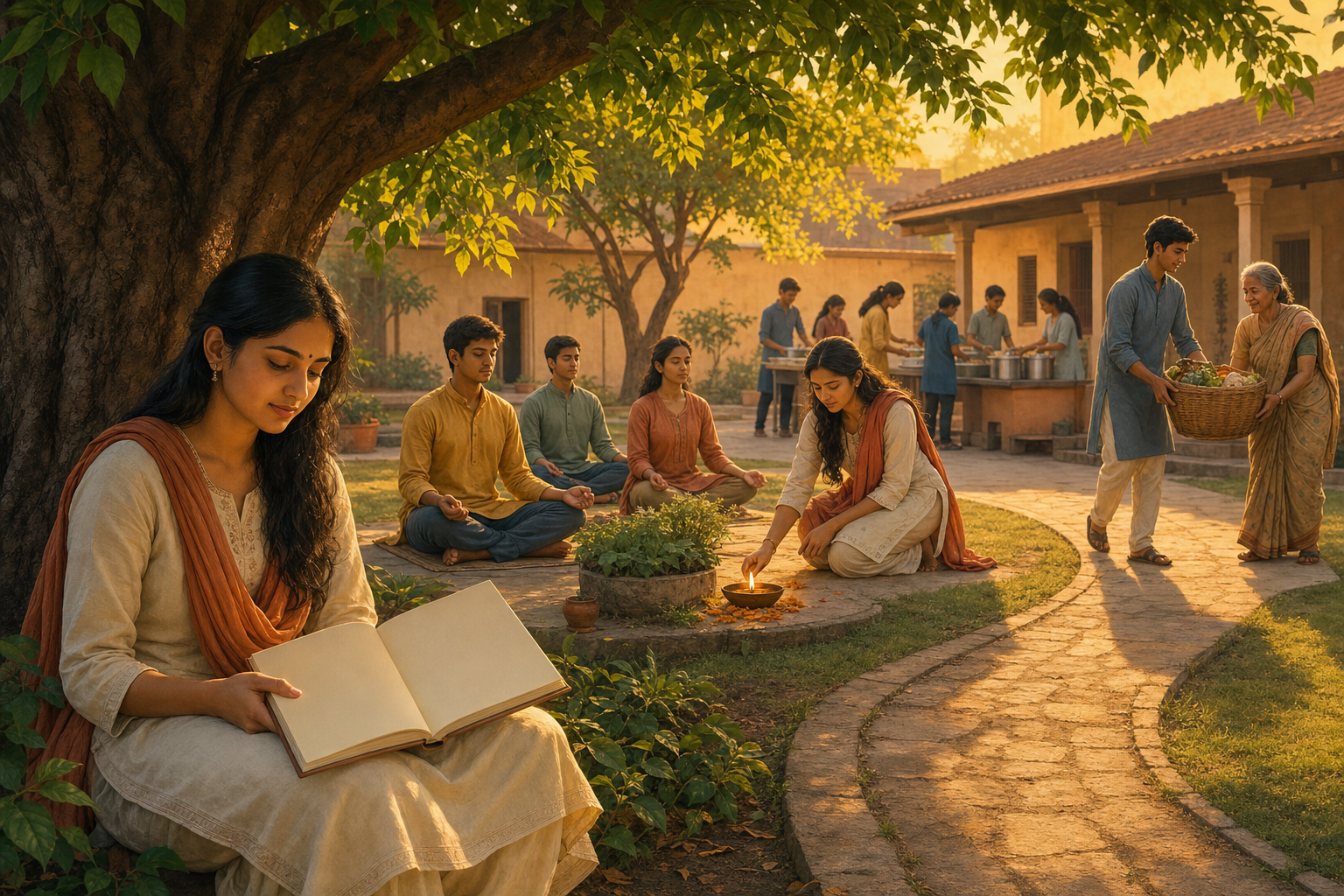 Young people study under a tree, meditate in a courtyard, and volunteer by serving food and assisting an older person.