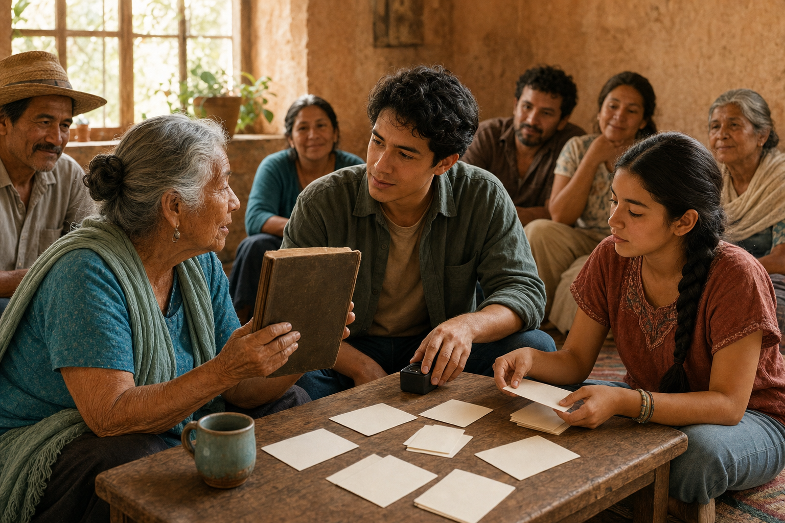 An elder and two younger community members discuss a book together at a low table while a small recorder rests between them.