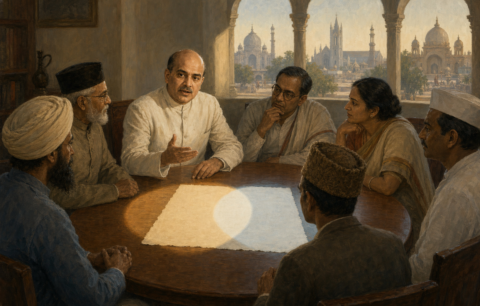 Syama Prasad Mookerjee and several Indian interlocutors sit around a table in discussion as overlapping light falls across a blank sheet of paper.