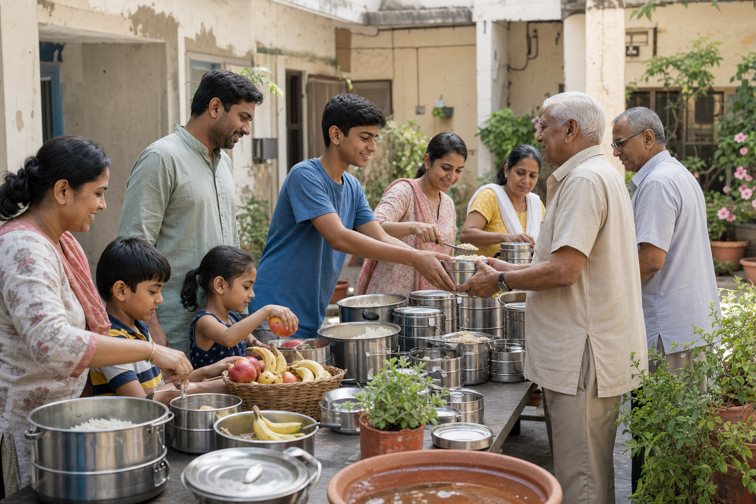 Family members and neighbors in a shared courtyard prepare food containers, arrange fruit, and offer a meal to an elderly resident.