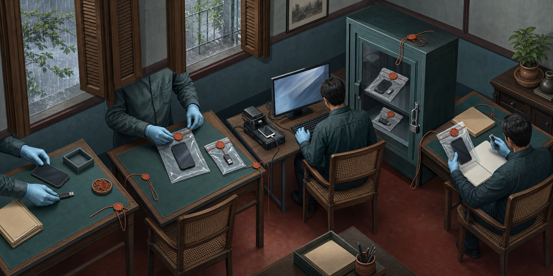 Officials collect, seal, preserve, examine, and independently review a phone and storage device in a secure evidence room.