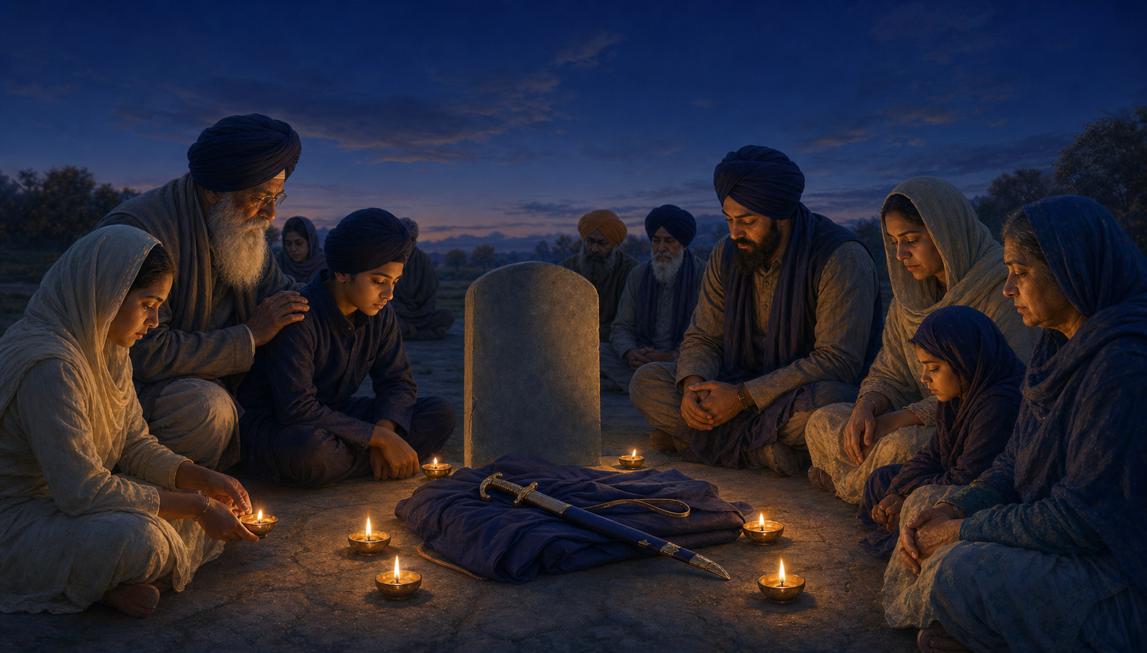 Sikh families gather around oil lamps, a folded cloak, and a sheathed sword during a peaceful twilight remembrance.