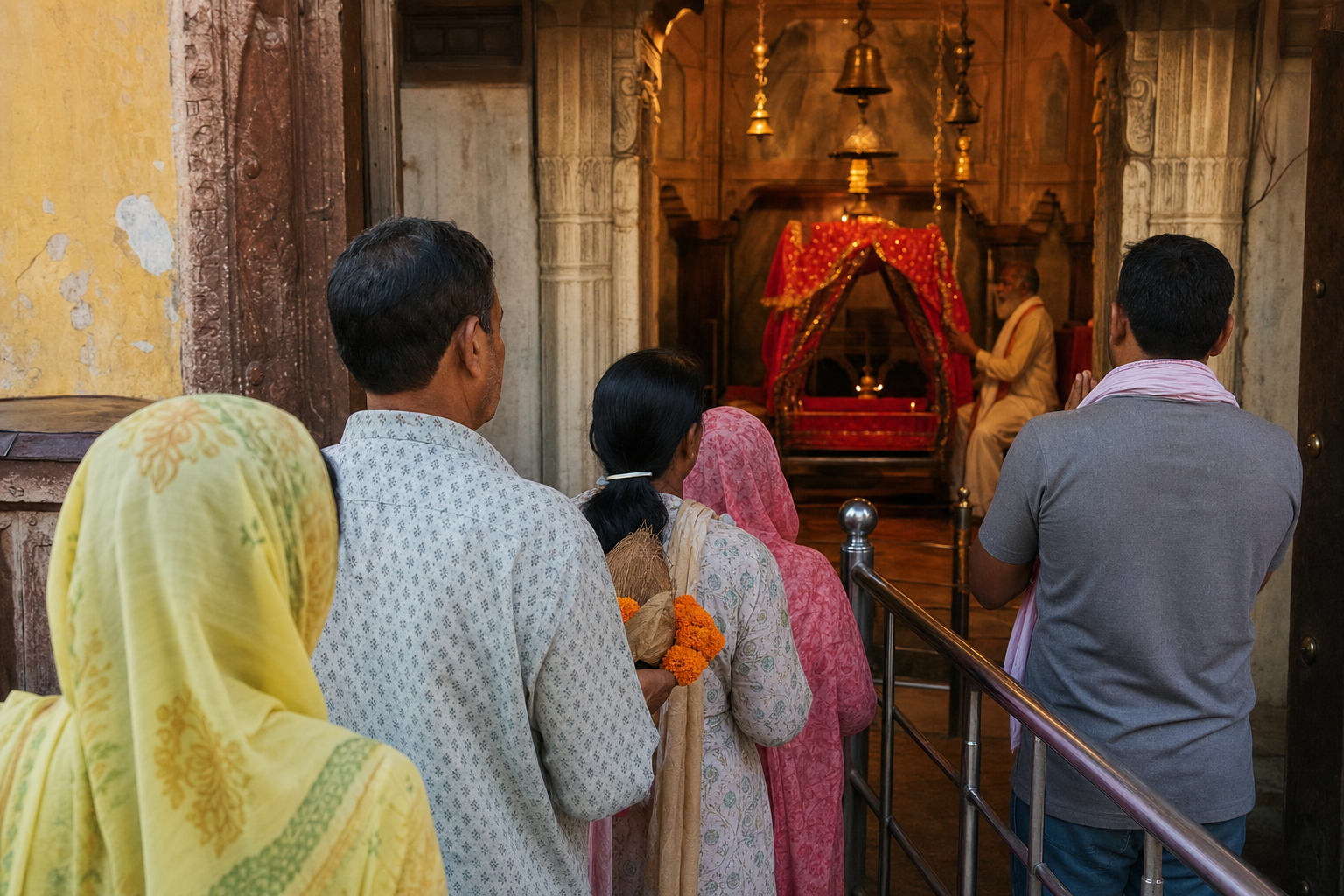 Pilgrims with flowers and folded hands wait for darshan before a red-draped cradle in a temple interior.