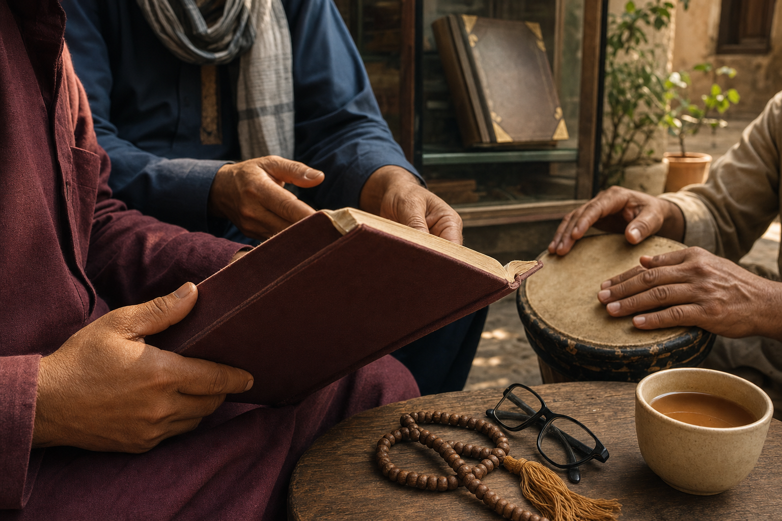 Several people handle a worn clothbound book beside prayer beads and a hand drum, while an ornate closed volume sits in a cabinet behind them.