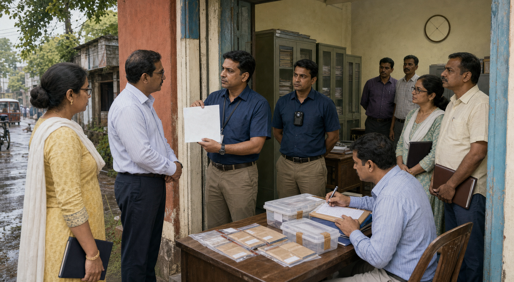 At a Bengal office doorway, an enforcement officer shows an unmarked authorization document while a lawyer, witness, camera-equipped officer, and evidence clerk observe.