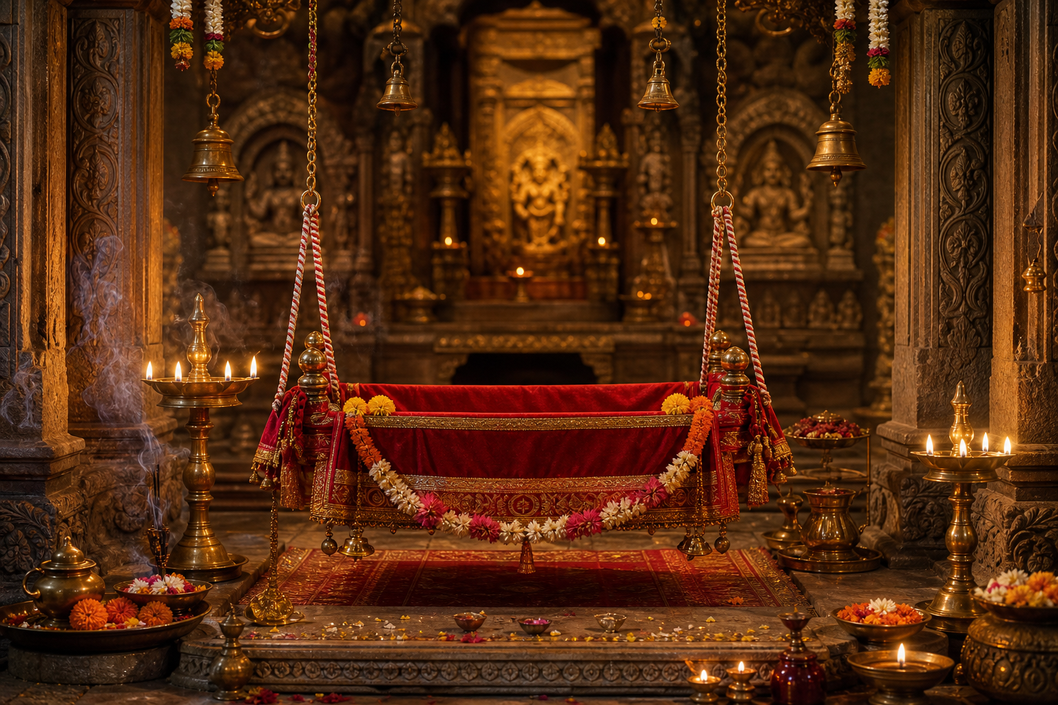A flower-decorated red cradle is shown in sharp focus with softly visible sacred carvings and temple ornament behind it.
