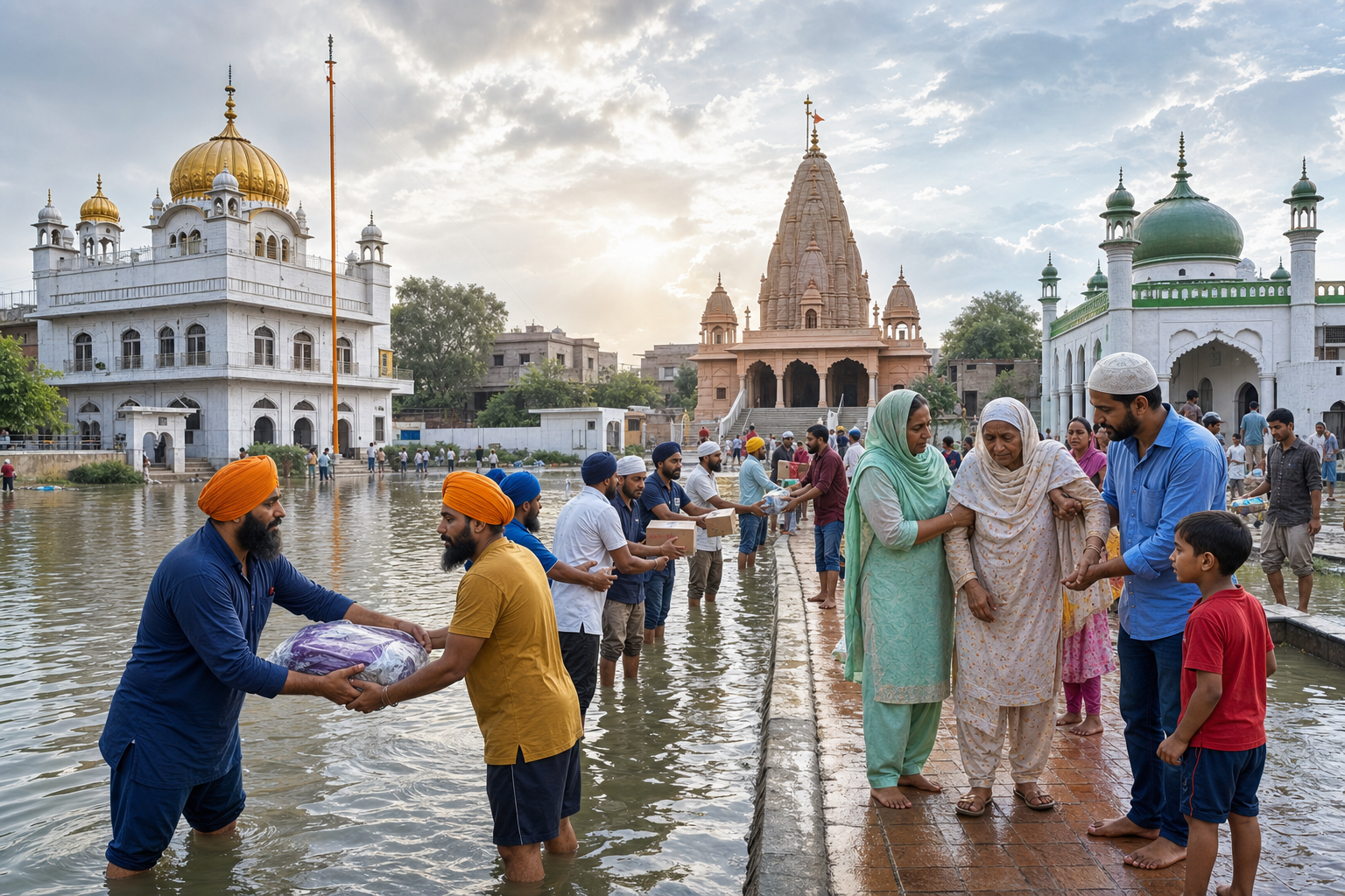 Residents of different faiths form a relief chain through a flooded neighborhood near distinct Sikh, Hindu, and Muslim places of worship.