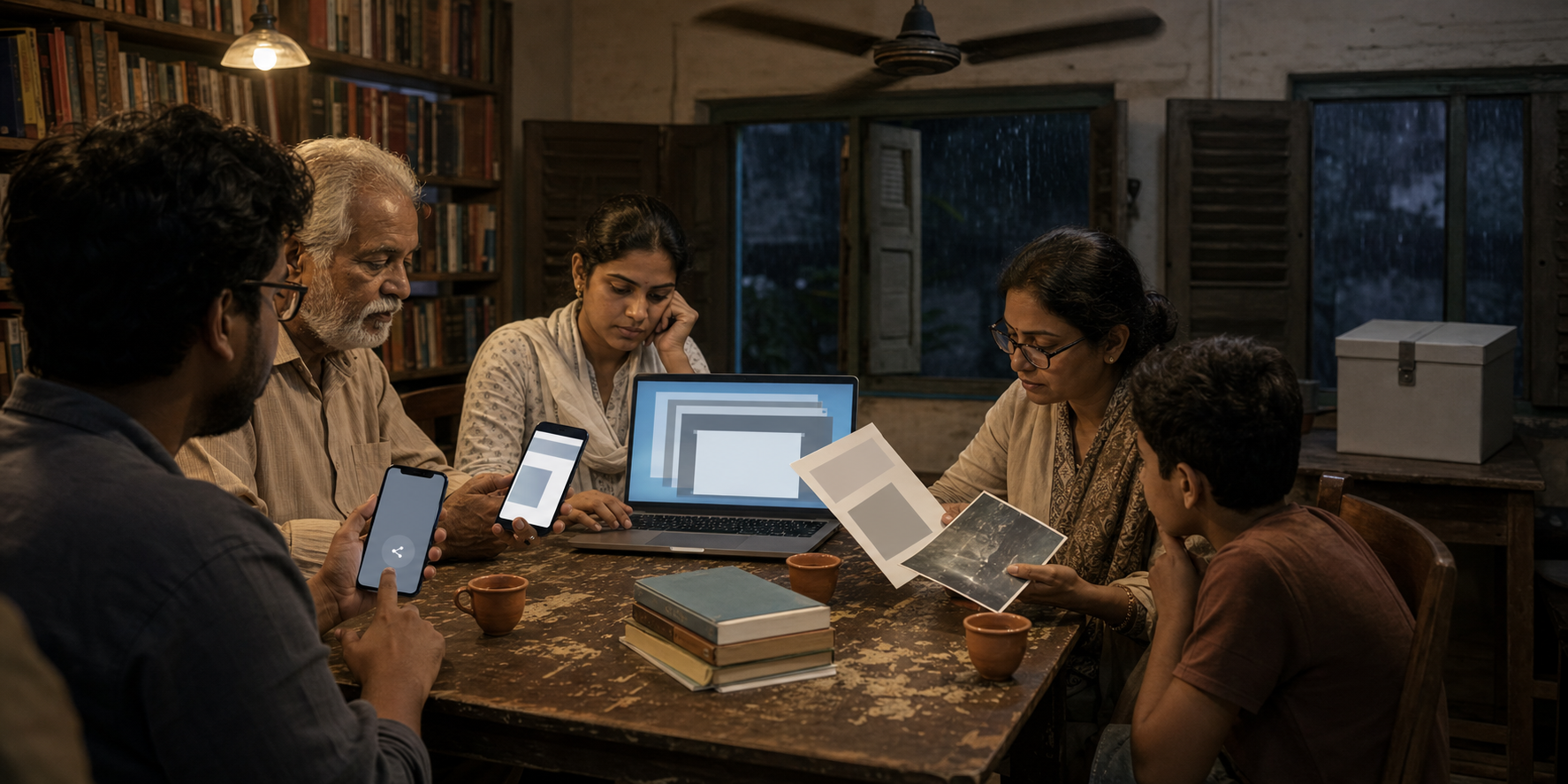 A multigenerational group of Bengal voters compares phone claims with source documents in a reading room while one person pauses before sharing.