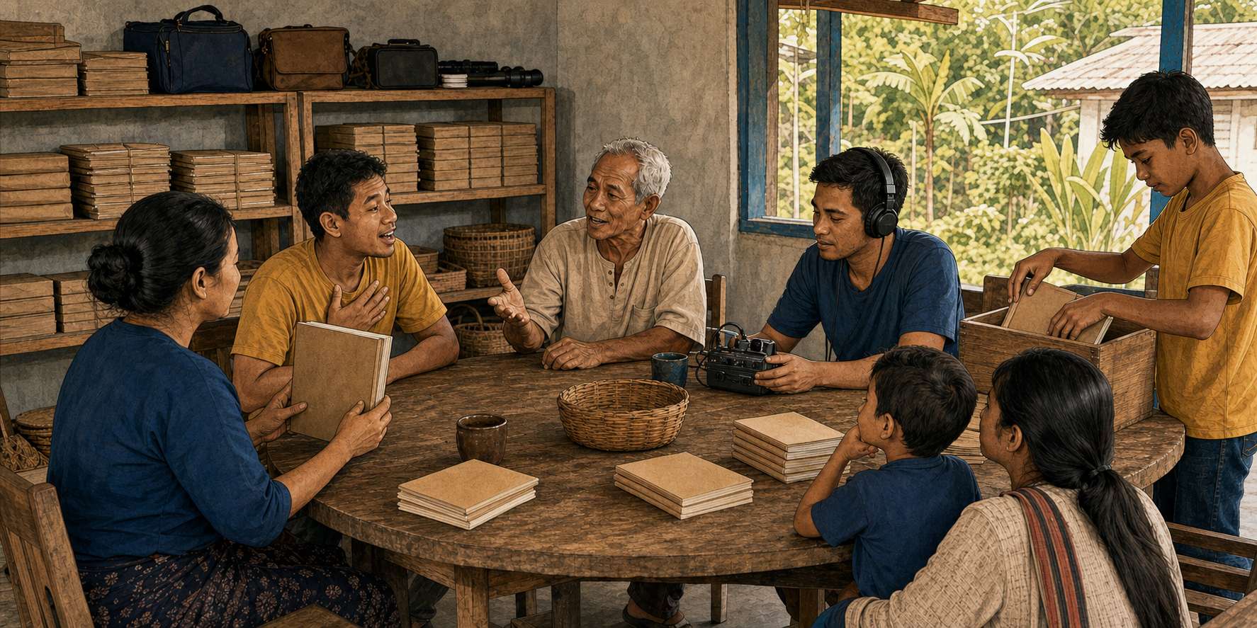 People of several generations share reading, listening, recording, teaching, and storage tasks around a community table.