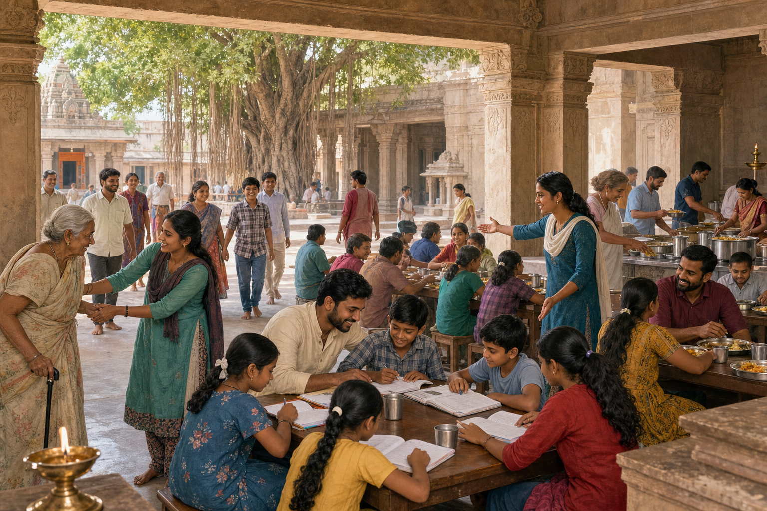 Volunteers tutor students, prepare a shared meal, and welcome visitors through a common entrance at a community hall beside a temple courtyard.