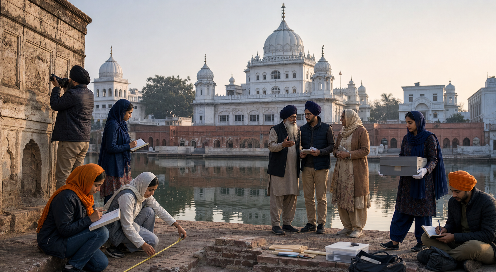 Sikh community volunteers document a historic gurdwara, its sarovar and surrounding masonry before beginning conservation work.