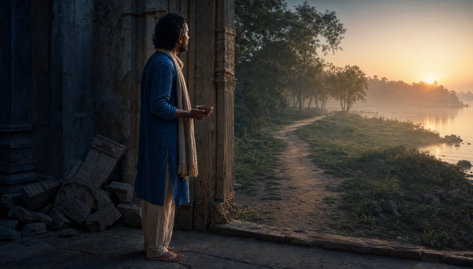 A person holding a clay lamp stands between a weathered stone hall and a dawn-lit path leading to a grove and river.