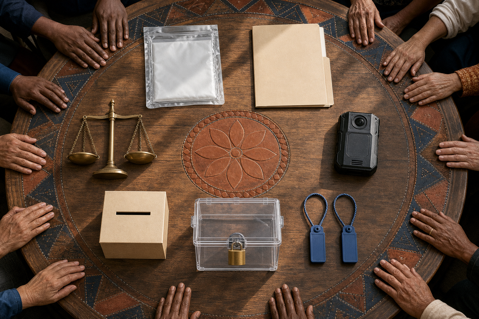 Citizens' hands surround a table holding sealed digital evidence, an authorization folder, a body camera, custody seals, a locked evidence box, scales, and a ballot box.