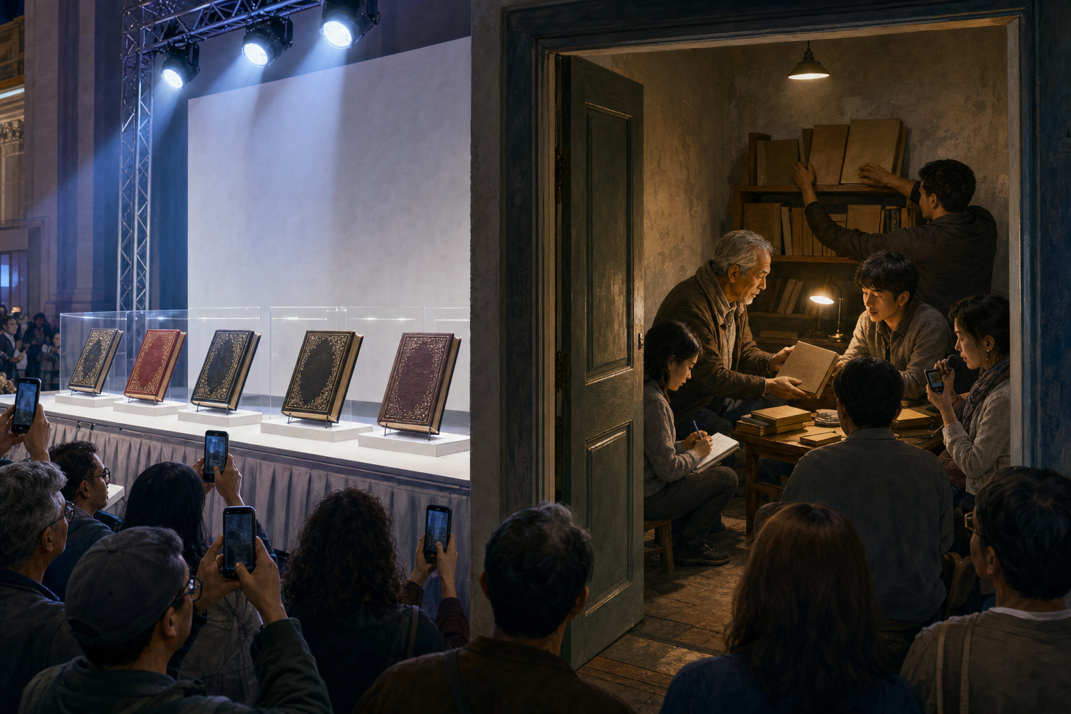 A brightly lit platform displays unopened decorative books while, through a doorway, a small group actively reads and records in a plain room.