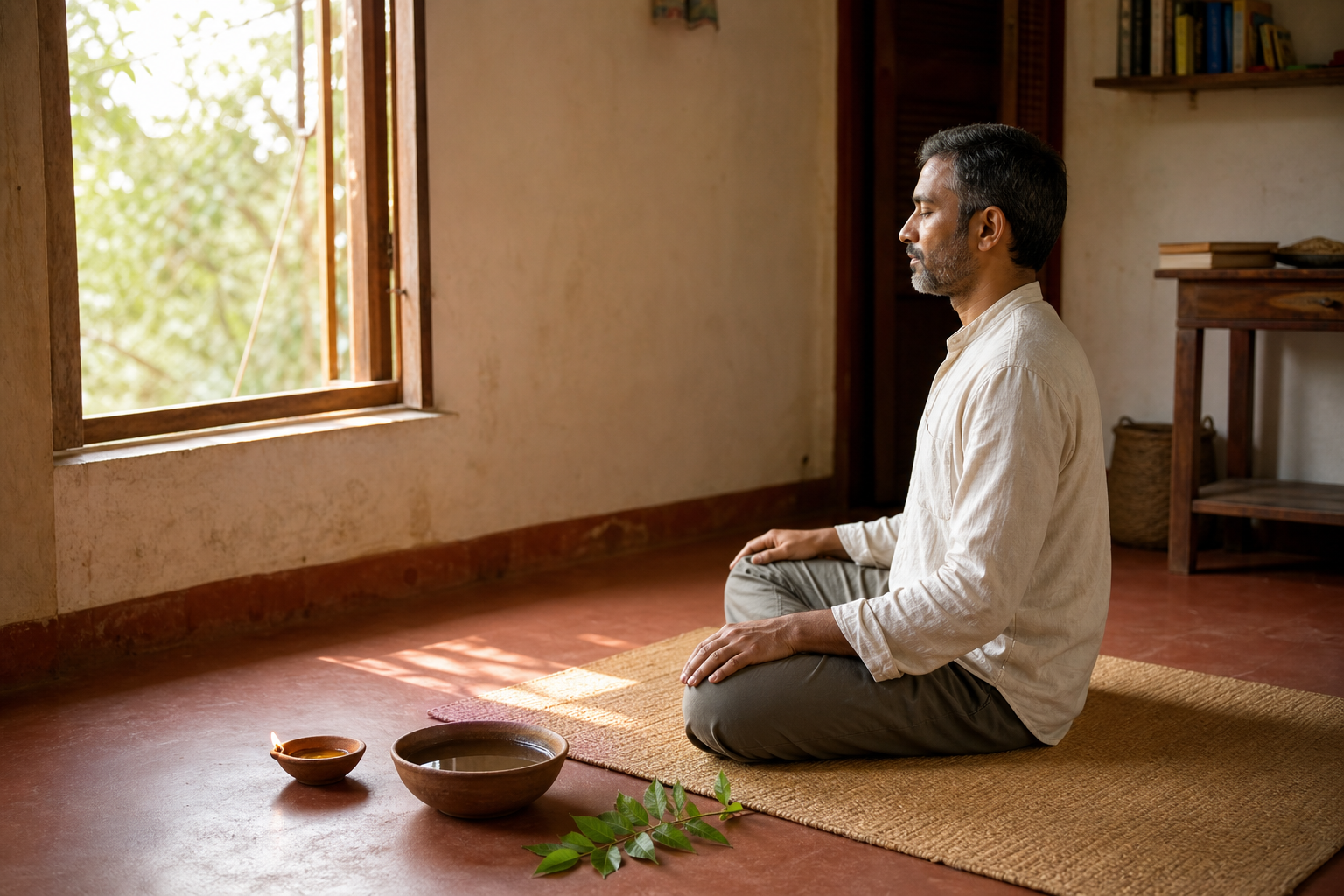 An adult sits quietly on a woven mat near a clay lamp, a bowl of water, and an open sunlit window.