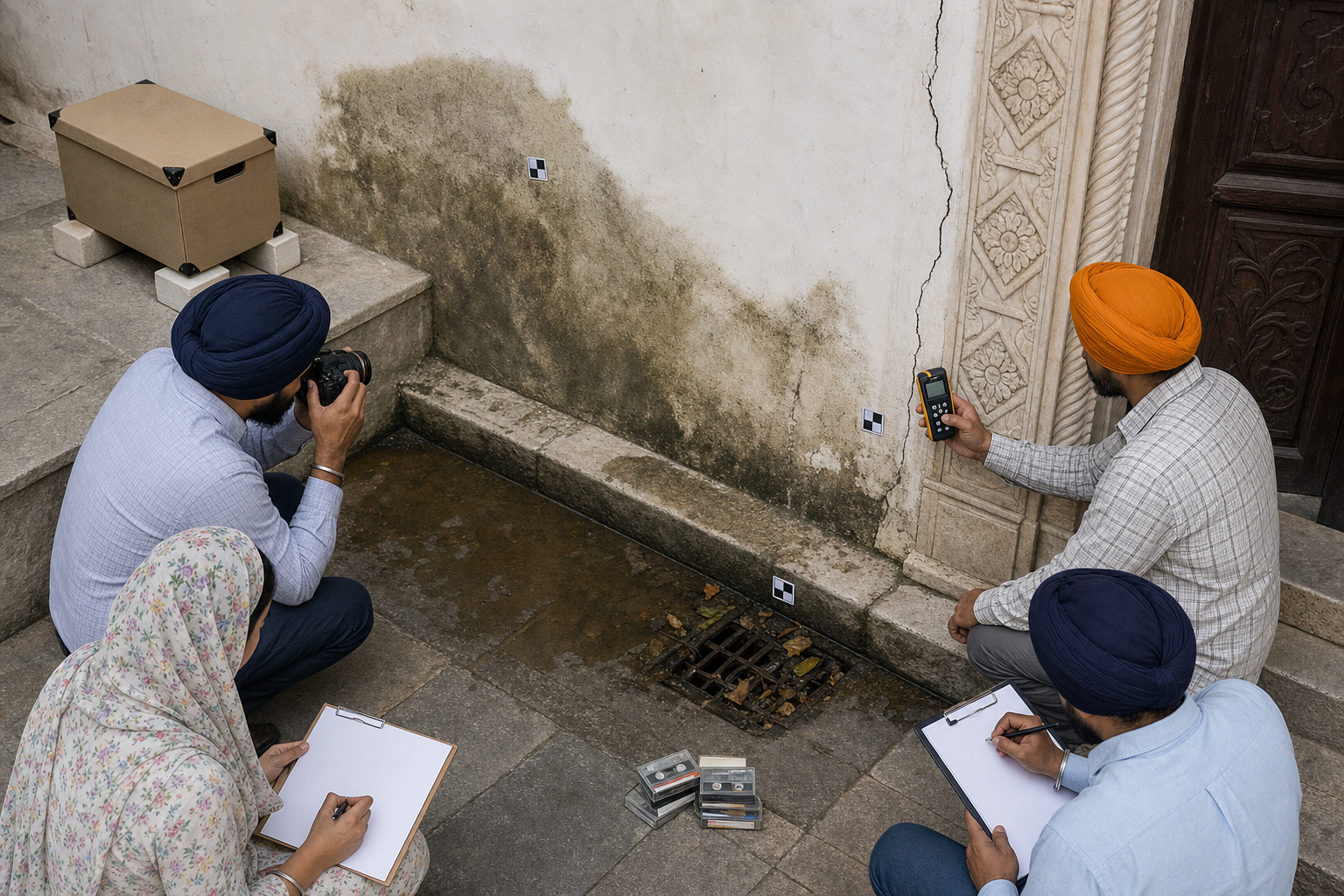 Volunteers record damp plaster, cracked masonry, poor drainage, archival materials and aging audio cassettes during a heritage risk assessment.