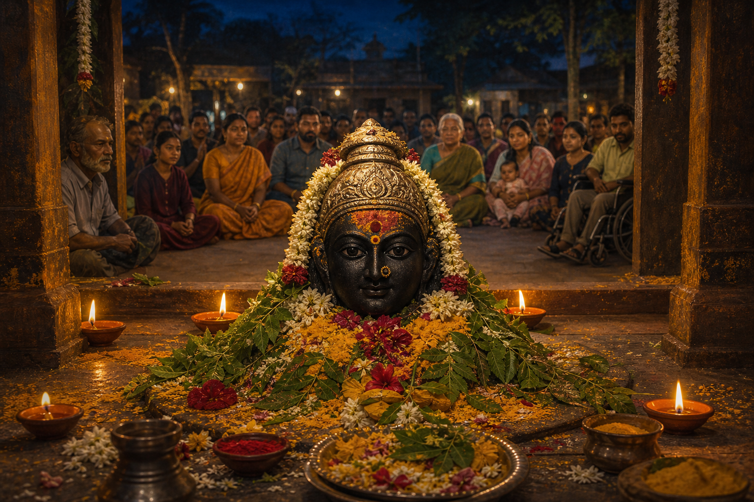 A dark stone head-form of Yellamma surrounded by lamps, flowers, neem leaves, and a diverse semicircle of devotees.