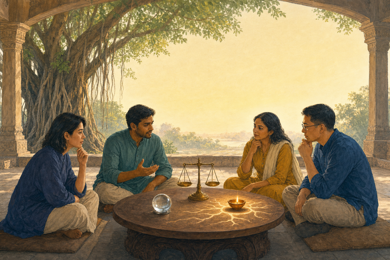 Four people hold a calm discussion around a low table with a crystal lens, a balance scale, and a clay lamp beneath a banyan tree.